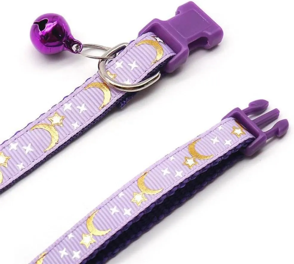 Reflective Cat Collars Breakaway with Bell Moons Stars 2 Pack Girl Boy Pet Kitten Collar Adjustable 7.5-12.5 Inch (Purple)