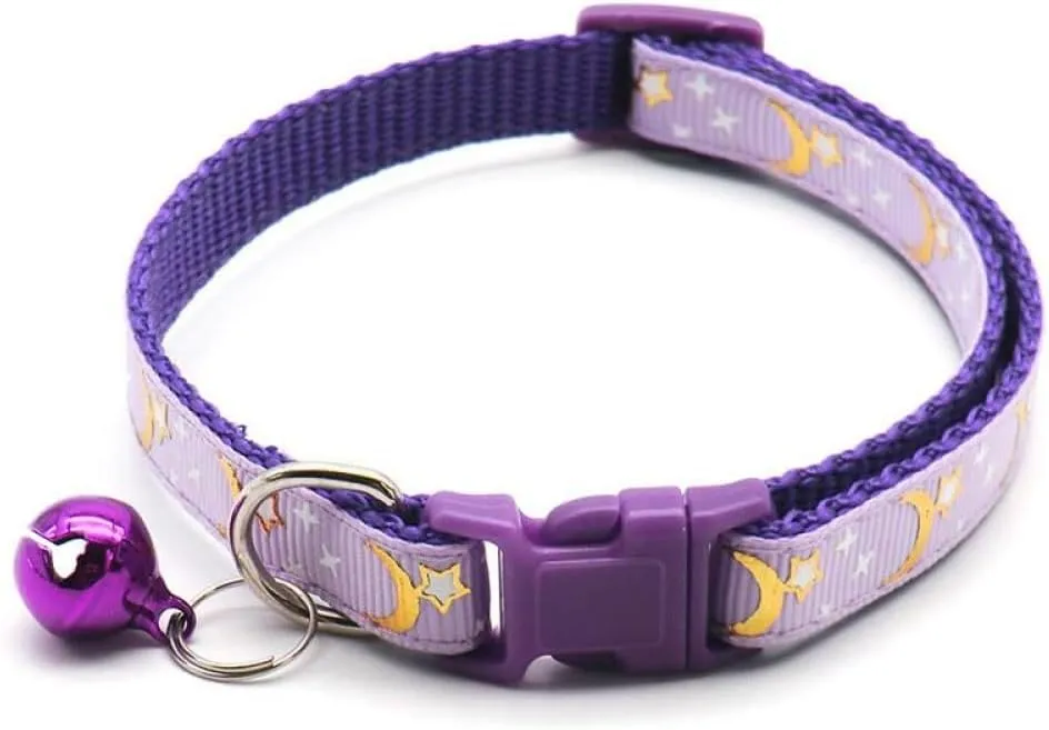 Reflective Cat Collars Breakaway with Bell Moons Stars 2 Pack Girl Boy Pet Kitten Collar Adjustable 7.5-12.5 Inch (Purple)
