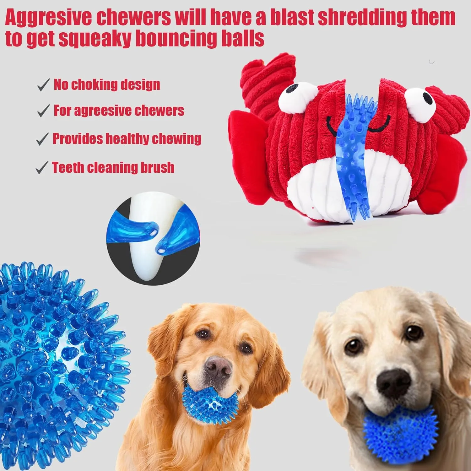 Squeak Dog Toys for Aggressive Chewers, No Stuffing Squeak Dog Chew Toys for Aggressive Chewers, Interactive Dog Toy Ball with Crinkle Paper for Medium Dogs, Large & Small Breeds (A-Red Crab)