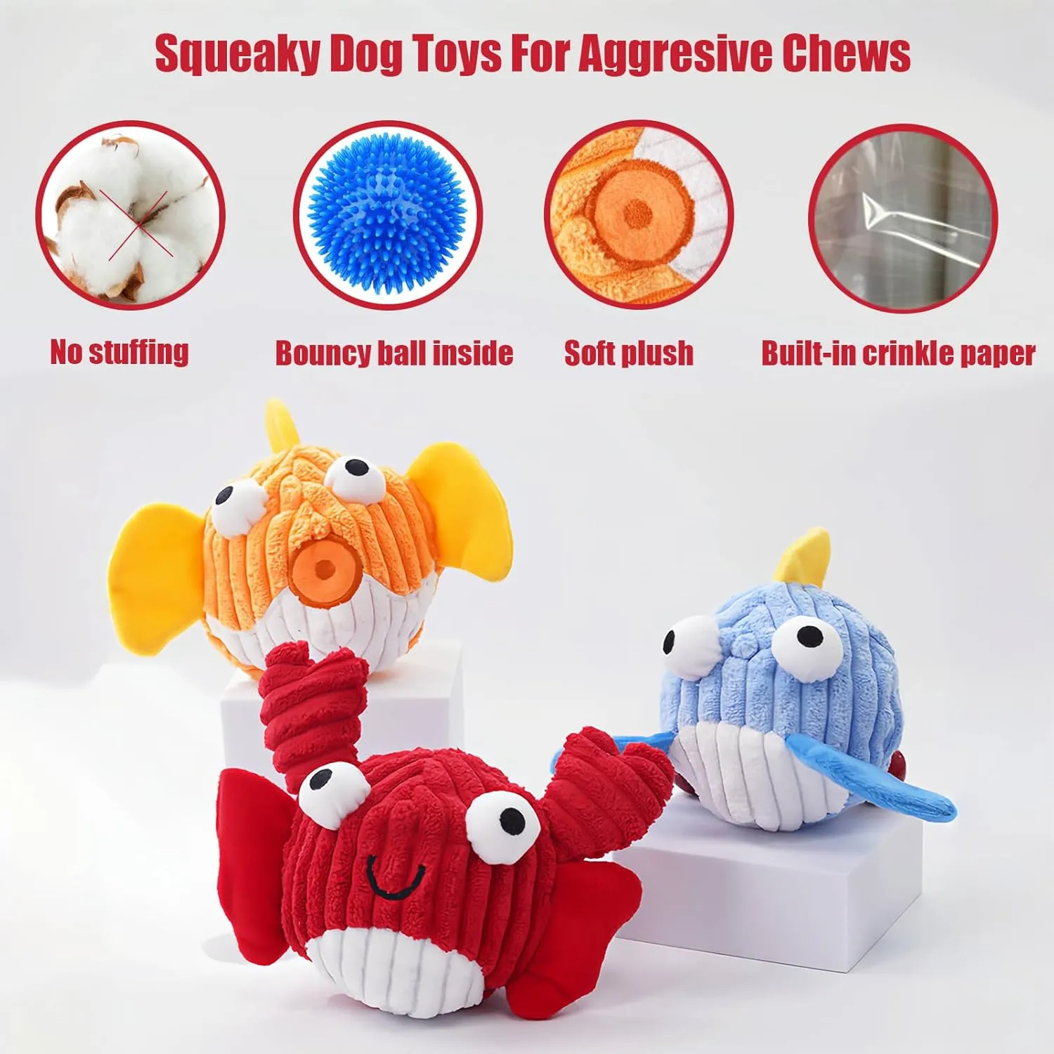 Squeak Dog Toys for Aggressive Chewers, No Stuffing Squeak Dog Chew Toys for Aggressive Chewers, Interactive Dog Toy Ball with Crinkle Paper for Medium Dogs, Large & Small Breeds (A-Red Crab)