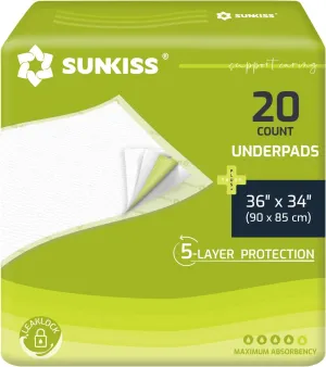 SUNKISS TrustPlus 36" x 34" Disposable Underpads for Incontinence, Super Absorbent Leakproof Bed Pads, Furniture Protectors, Pee Pads for Adults, Kids, Elderly, and Pets, 20 Count