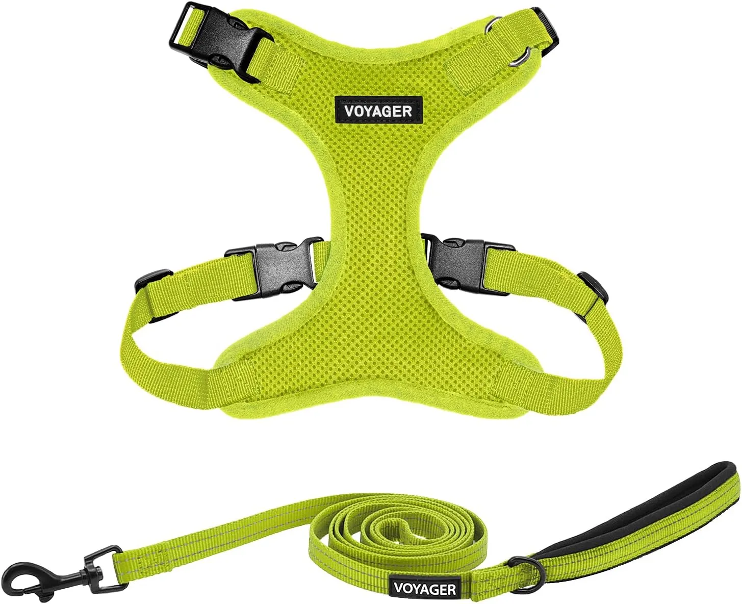 Voyager Step-in Lock Dog Harness w Reflective Dog Leash Combo Set with Neoprene Handle 5ft - Supports Small, Medium and Large Breed Puppies/Cats by Best Pet Supplies - Lime Green, L