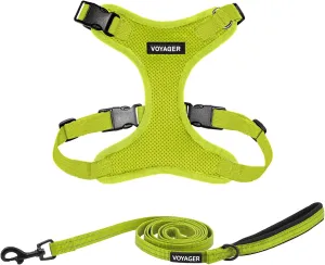 Voyager Step-in Lock Dog Harness w Reflective Dog Leash Combo Set with Neoprene Handle 5ft - Supports Small, Medium and Large Breed Puppies/Cats by Best Pet Supplies - Lime Green, L