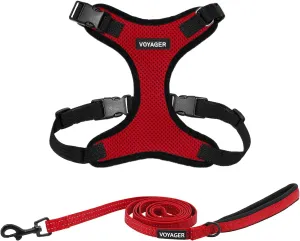Voyager Step-in Lock Dog Harness w Reflective Dog Leash Combo Set with Neoprene Handle 5ft - Supports Small, Medium and Large Breed Puppies/Cats by Best Pet Supplies - Red/Black Trim, S
