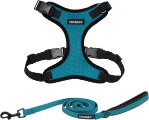 Voyager Step-in Lock Dog Harness w Reflective Dog Leash Combo Set with Neoprene Handle 5ft - Supports Small, Medium and Large Breed Puppies/Cats by Best Pet Supplies - Turquoise/Black Trim, S