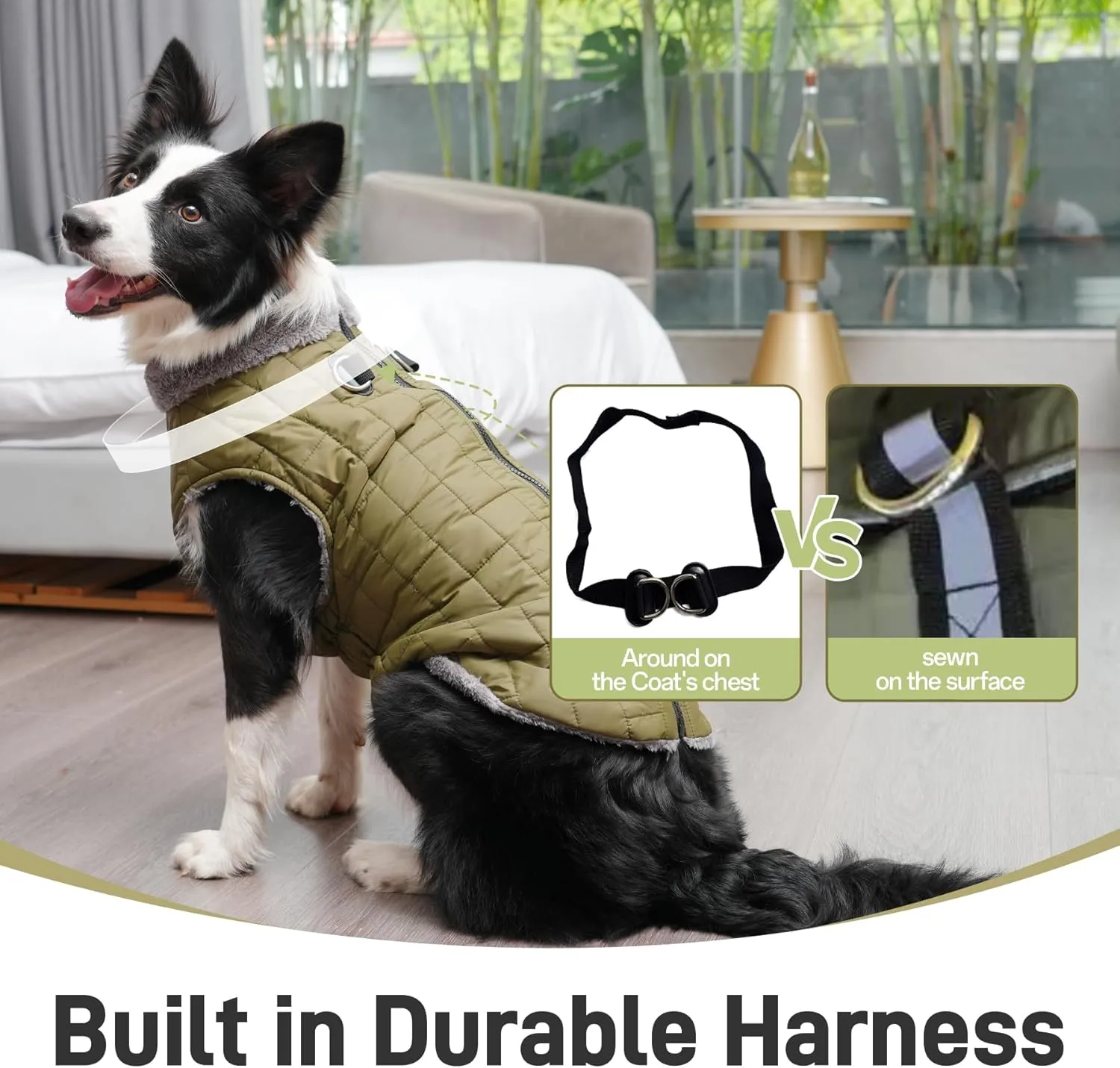 Warm Fleece Dog Coats with Durable Harness Buitl in D-Ring,Waterproof Puppy Jacket for Small Dogs,Dog Vest for Cold Winter,Green M