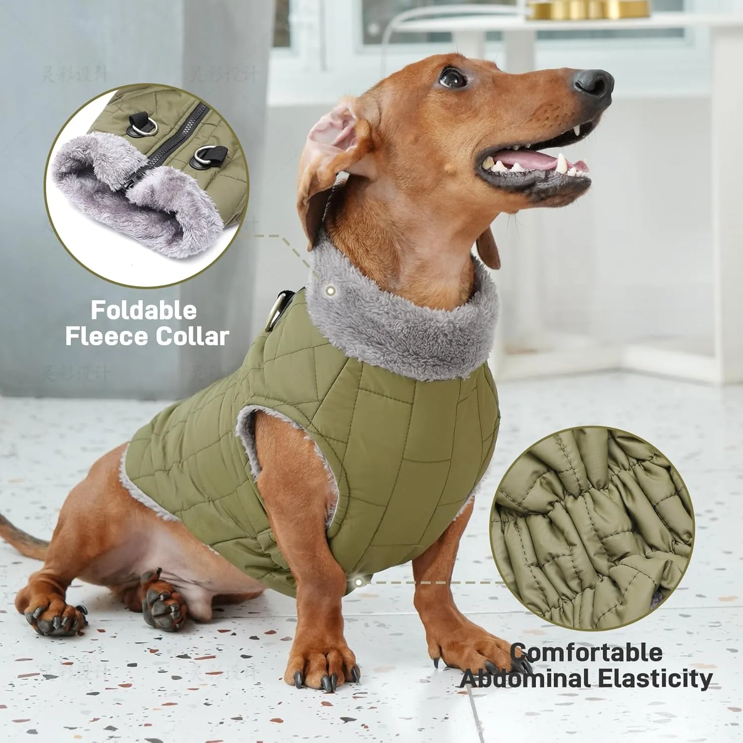 Warm Fleece Dog Coats with Durable Harness Buitl in D-Ring,Waterproof Puppy Jacket for Small Dogs,Dog Vest for Cold Winter,Green M