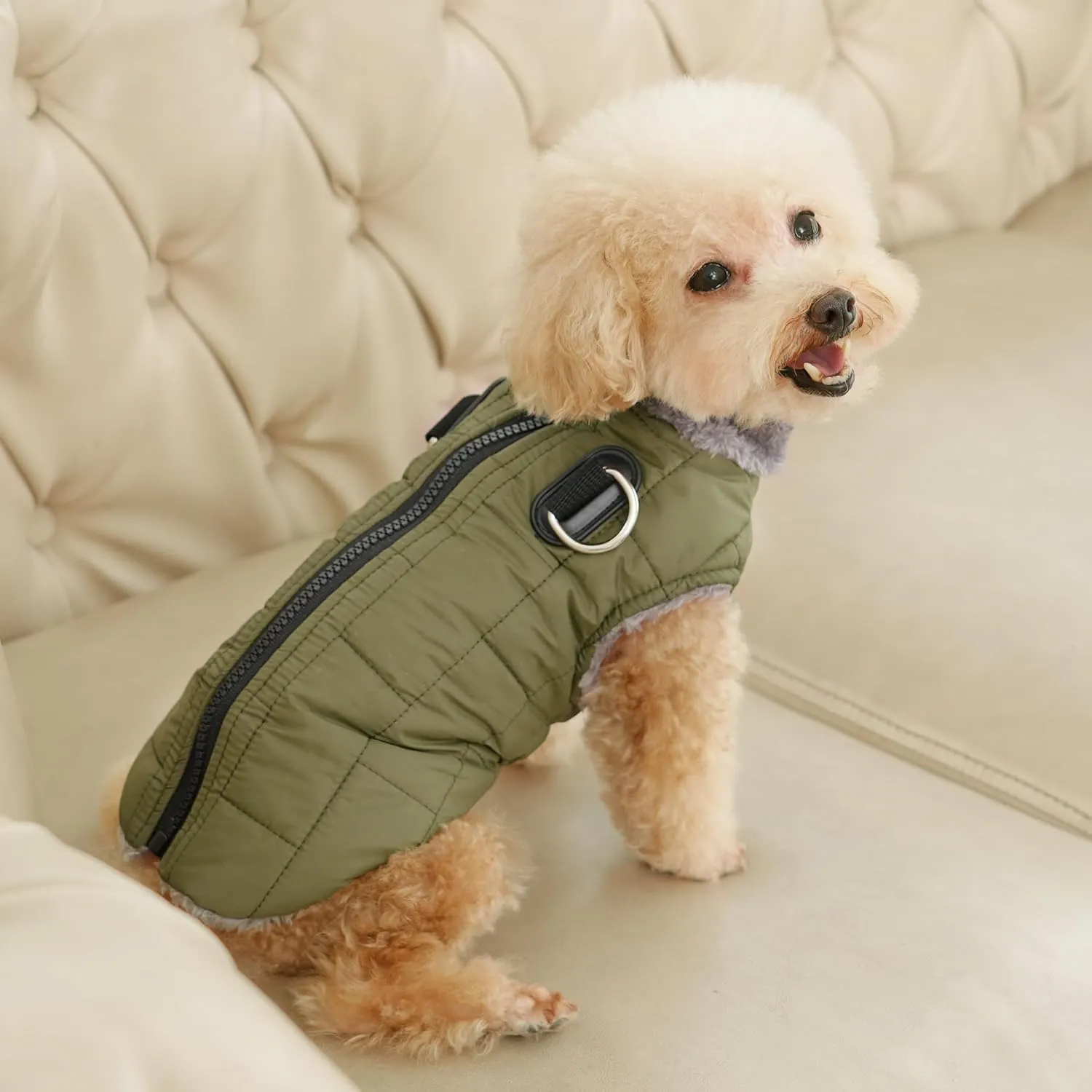 Warm Fleece Dog Coats with Durable Harness Buitl in D-Ring,Waterproof Puppy Jacket for Small Dogs,Dog Vest for Cold Winter,Green M