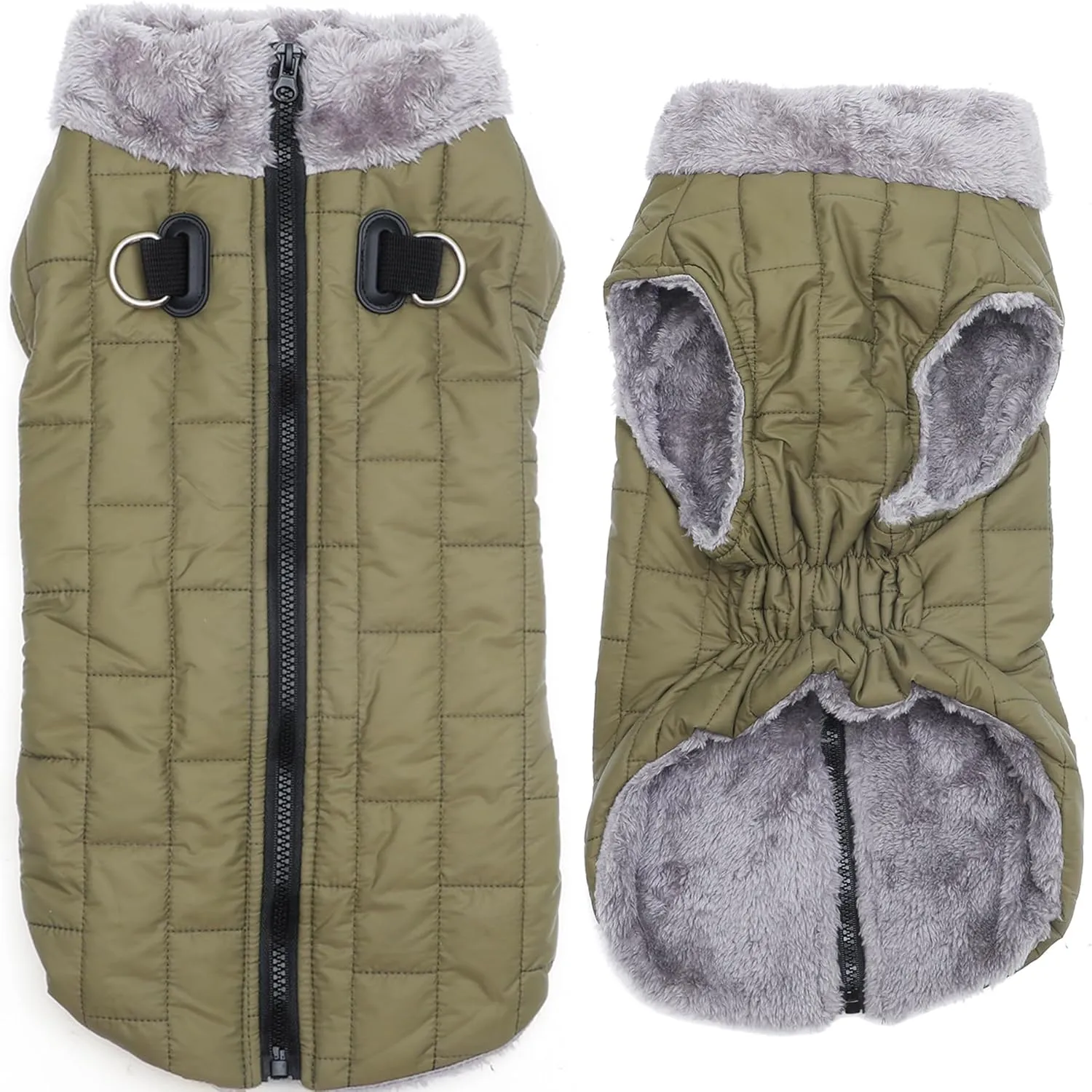 Warm Fleece Dog Coats with Durable Harness Buitl in D-Ring,Waterproof Puppy Jacket for Small Dogs,Dog Vest for Cold Winter,Green M