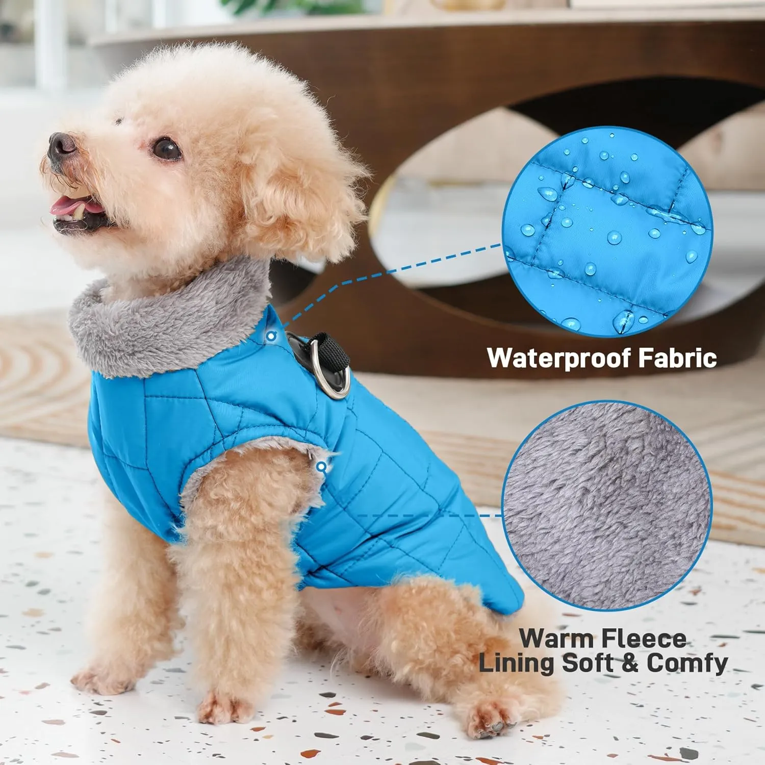 Warm Fleece Dog Coats with Durable Harness Buitl in D-Ring,Waterproof Puppy Jacket for Small Dogs,Dog Vest for Cold Winter,Light Blue M