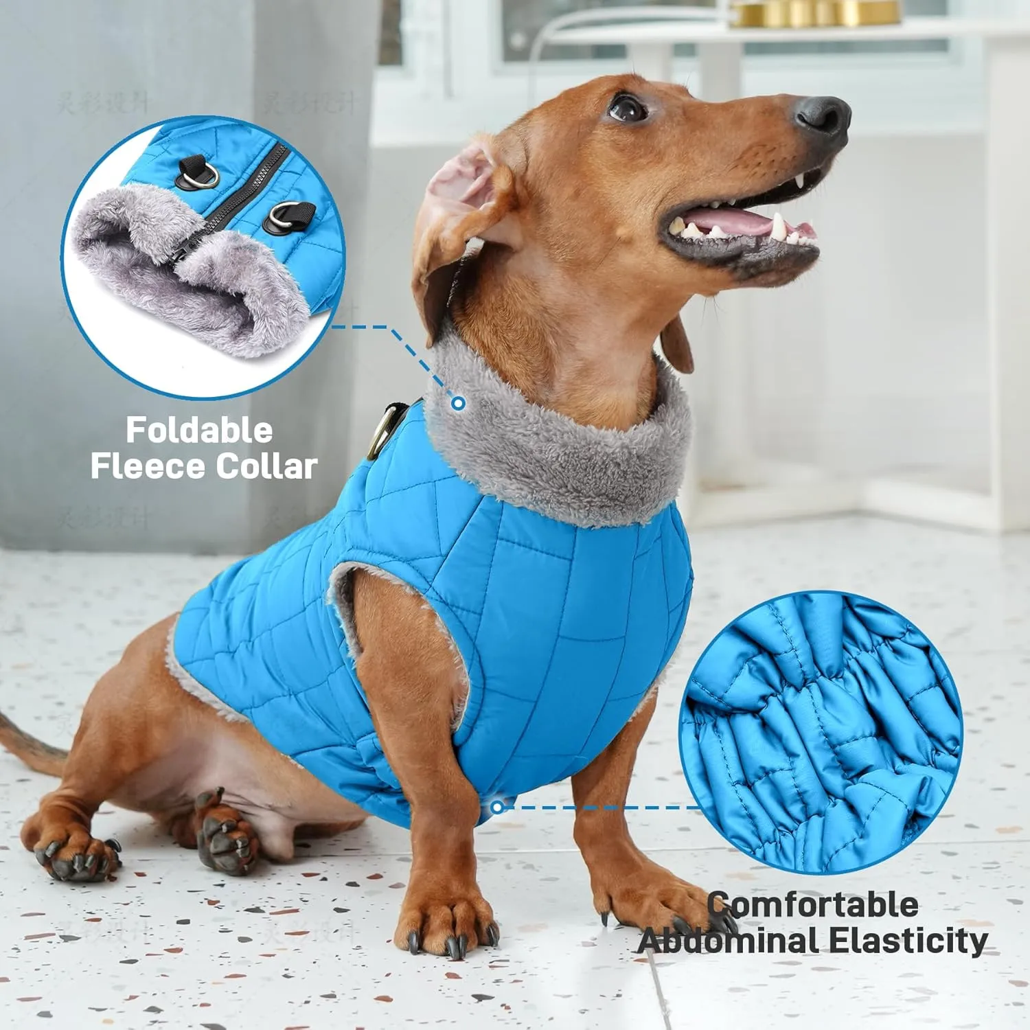 Warm Fleece Dog Coats with Durable Harness Buitl in D-Ring,Waterproof Puppy Jacket for Small Dogs,Dog Vest for Cold Winter,Light Blue M