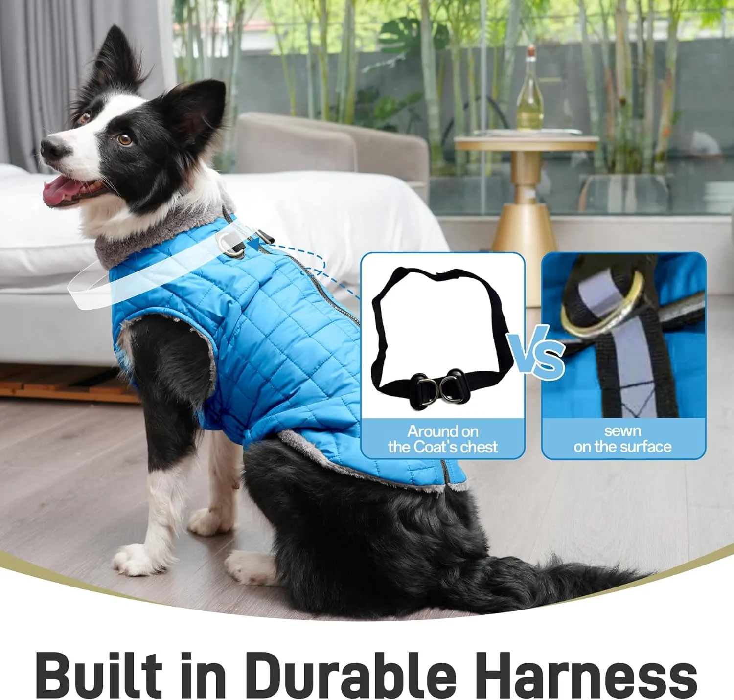 Warm Fleece Dog Coats with Durable Harness Buitl in D-Ring,Waterproof Puppy Jacket for Small Dogs,Dog Vest for Cold Winter,Light Blue M