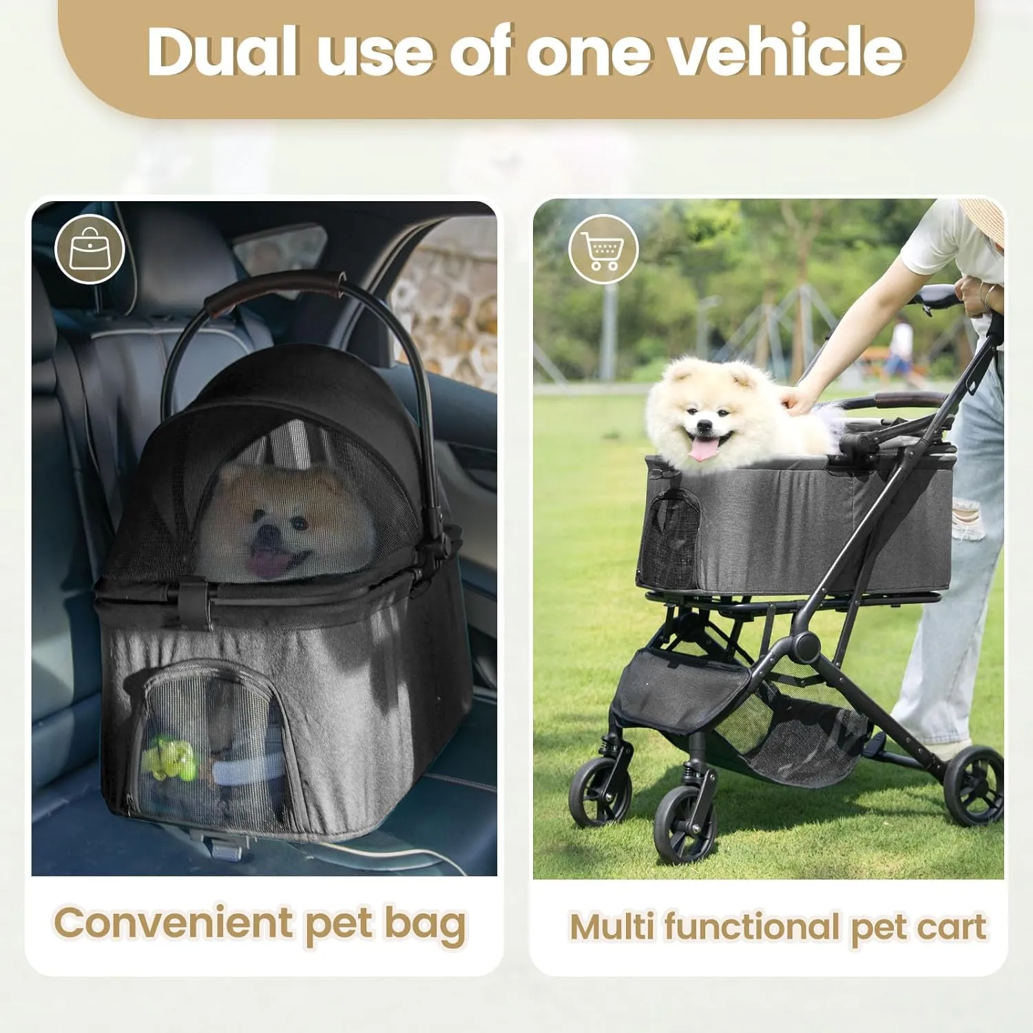 Wdyvko 3 in 1 Dog Stroller, Upgraded Frame, Up to 44lbs Pet Stroller with Dog Poop Bags & Dispenser, Zipperless Entry, Storage Basket & Pouch for Small Dogs Cats (Dark Grey)