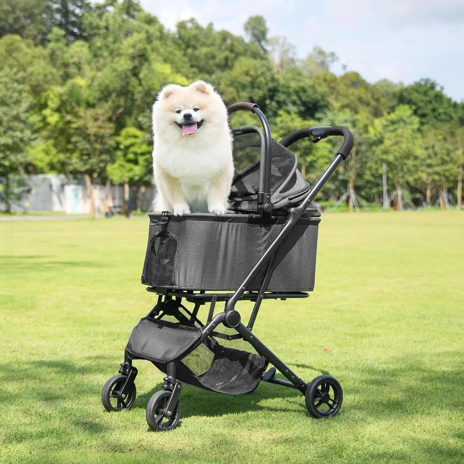 Wdyvko 3 in 1 Dog Stroller, Upgraded Frame, Up to 44lbs Pet Stroller with Dog Poop Bags & Dispenser, Zipperless Entry, Storage Basket & Pouch for Small Dogs Cats (Dark Grey)