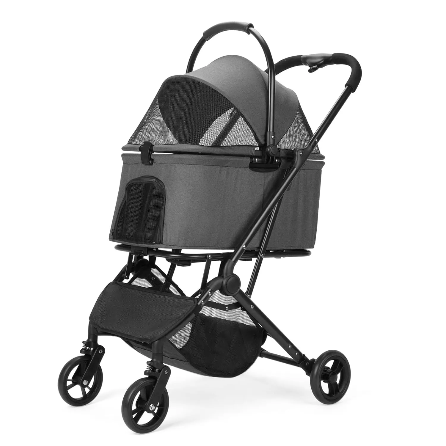 Wdyvko 3 in 1 Dog Stroller, Upgraded Frame, Up to 44lbs Pet Stroller with Dog Poop Bags & Dispenser, Zipperless Entry, Storage Basket & Pouch for Small Dogs Cats (Dark Grey)