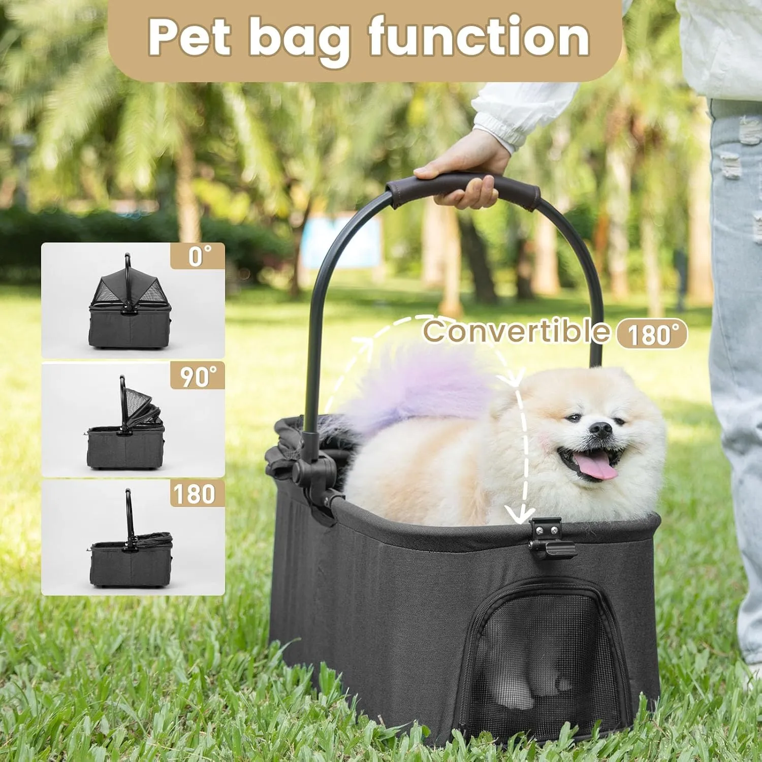 Wdyvko 3 in 1 Dog Stroller, Upgraded Frame, Up to 44lbs Pet Stroller with Dog Poop Bags & Dispenser, Zipperless Entry, Storage Basket & Pouch for Small Dogs Cats (Dark Grey)