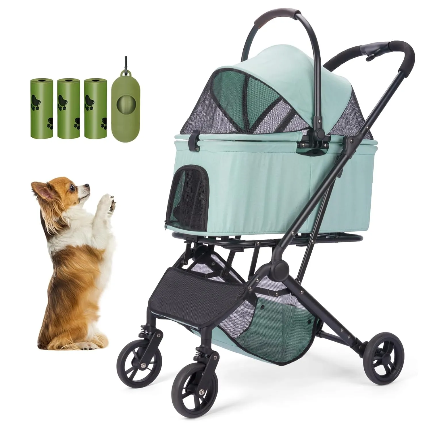 Wdyvko 3 in 1 Dog Stroller, Upgraded Frame, Up to 44lbs Pet Stroller with Dog Poop Bags & Dispenser, Zipperless Entry, Storage Basket & Pouch for Small Dogs Cats (Teal Blue)