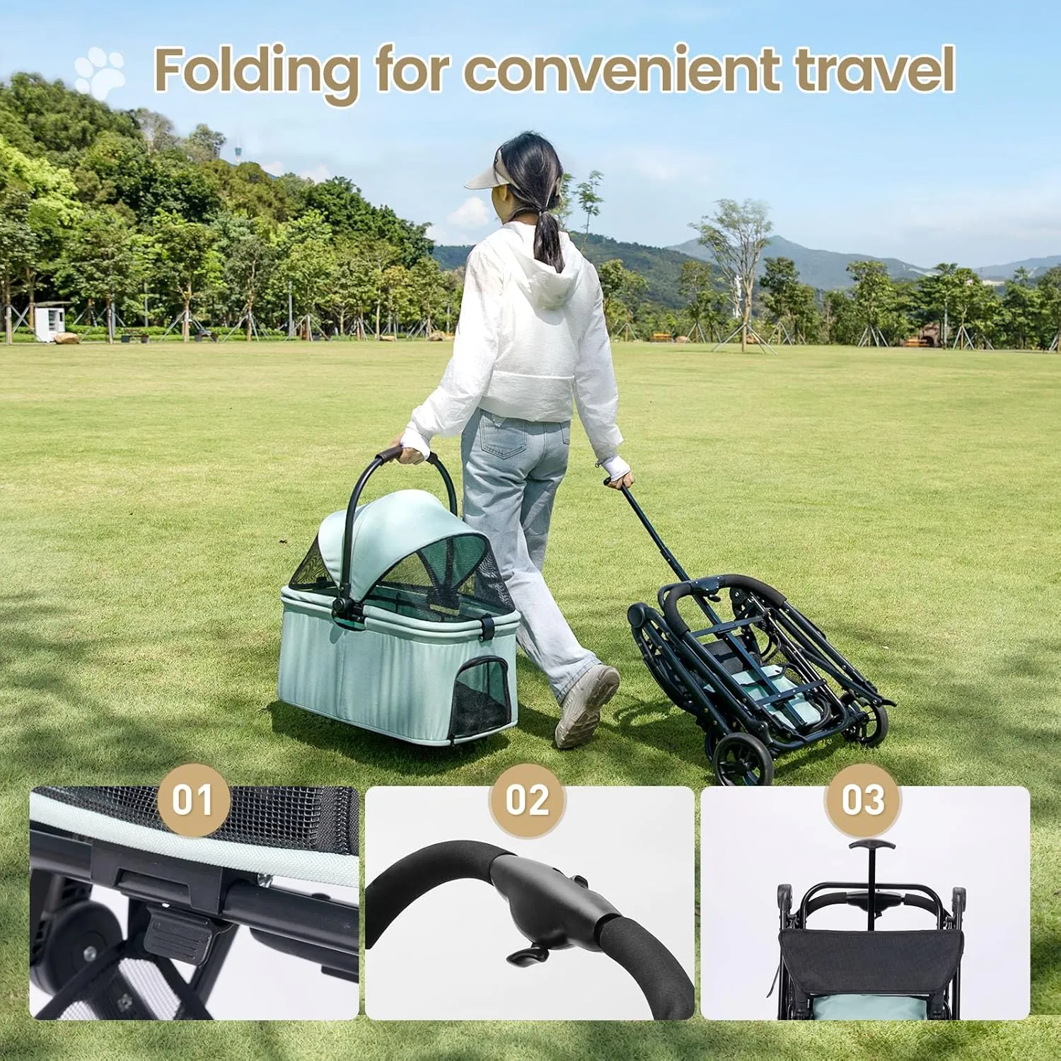 Wdyvko 3 in 1 Dog Stroller, Upgraded Frame, Up to 44lbs Pet Stroller with Dog Poop Bags & Dispenser, Zipperless Entry, Storage Basket & Pouch for Small Dogs Cats (Teal Blue)
