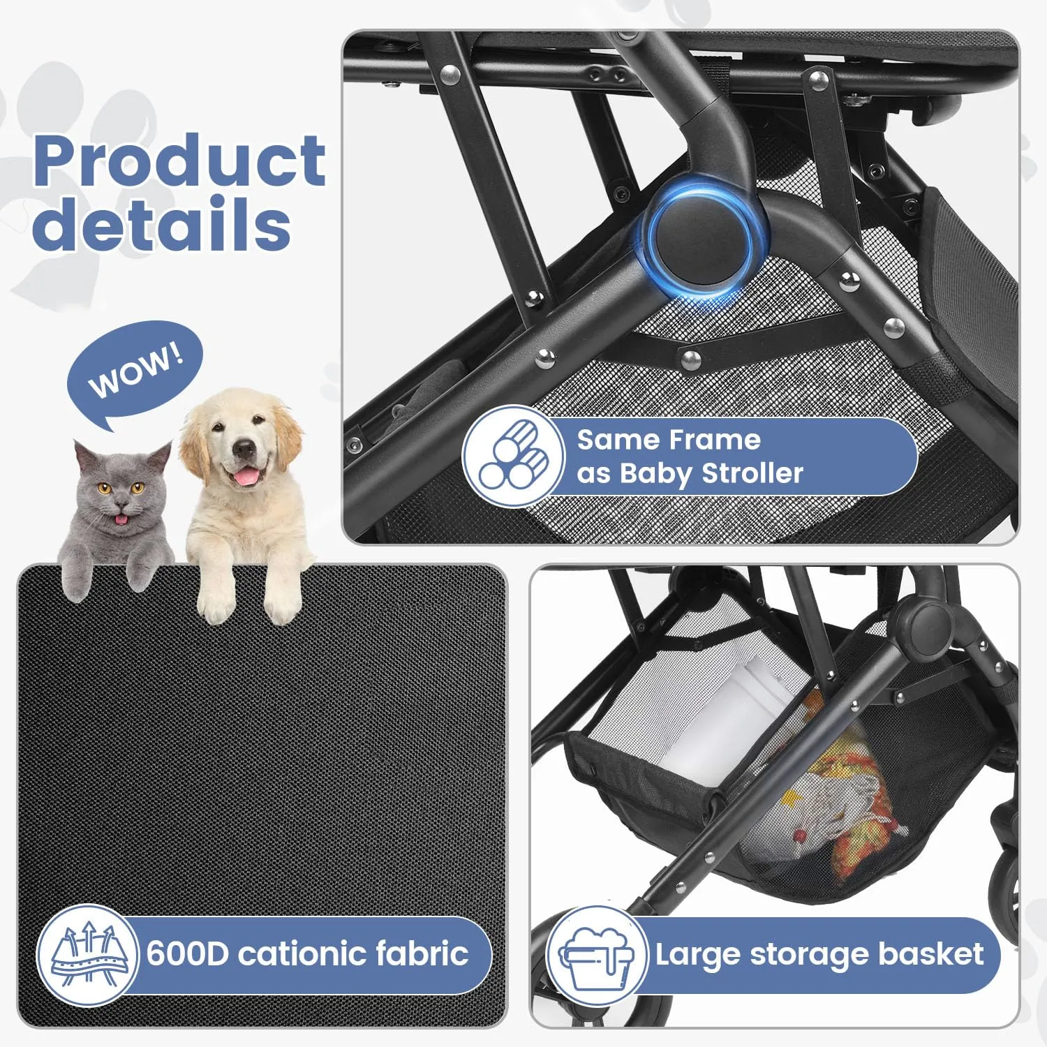 Wdyvko 3 in 1 Dog Stroller, Upgraded Frame, Up to 44lbs Pet Stroller with Dog Poop Bags & Dispenser, Zipperless Entry, Storage Basket & Pouch for Small Dogs Cats (Teal Blue)