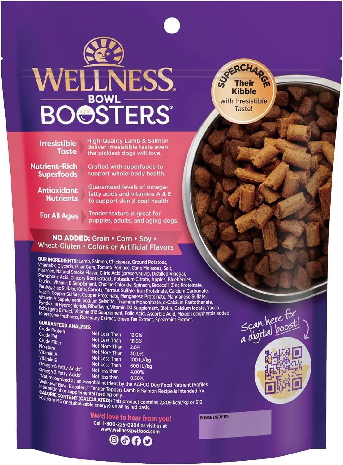 Wellness Bowl Boosters Tender Toppers, Dog Food Topper for Small, Medium, & Large Breeds, Grain Free, Natural, Lamb & Salmon, 8 Ounce Bag (Pack of 1)