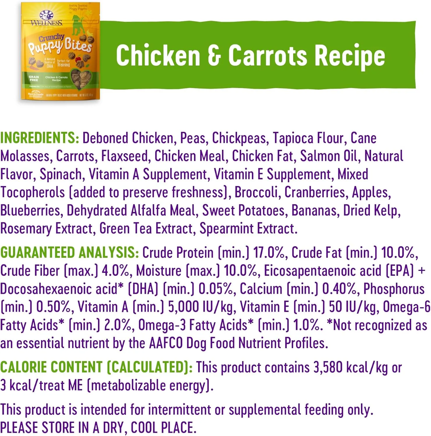 Wellness Puppy Treats, Natural, Training Treat, Grain Free, Crunchy Chicken & Carrot (6 Ounce Bag) (Pack of 2)